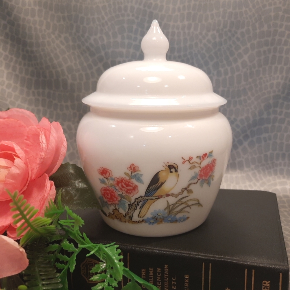 Vintage 1970s Avon Dynasty Milk Glass Bird w/ Cherry Blossom Lidded Ginger Jar